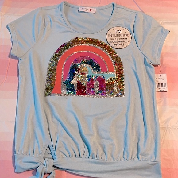 Beautees Junior Top Aqua Knitwear Kind Interactive Flipped Sequins Size Large - Picture 1 of 7